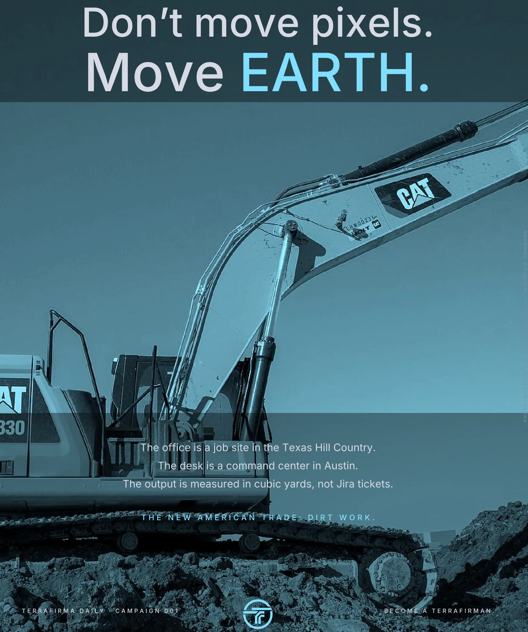 A retrofitted Caterpillar 330 excavator on a Texas job site, graded blue.