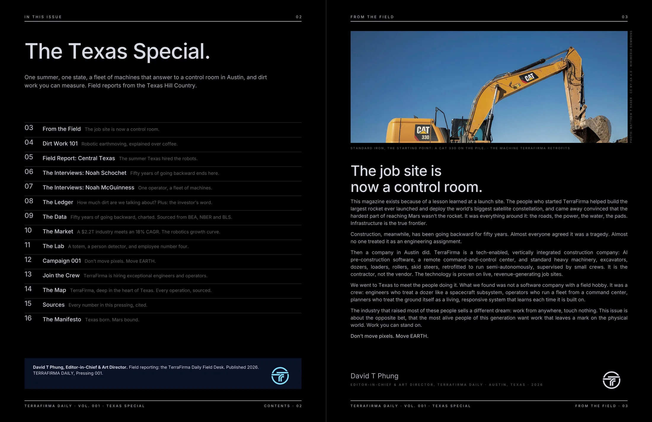 Contents and From the Field · The Texas Special, and why the job site is now a control room.